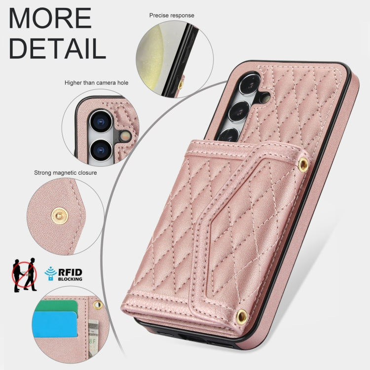 For Samsung Galaxy S24 5G Splicing Rhombic Texture Card Bag Phone Case with Long Lanyard