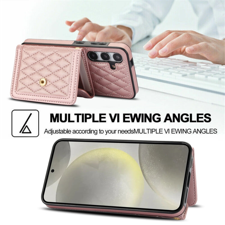 For Samsung Galaxy S24 5G Splicing Rhombic Texture Card Bag Phone Case with Long Lanyard