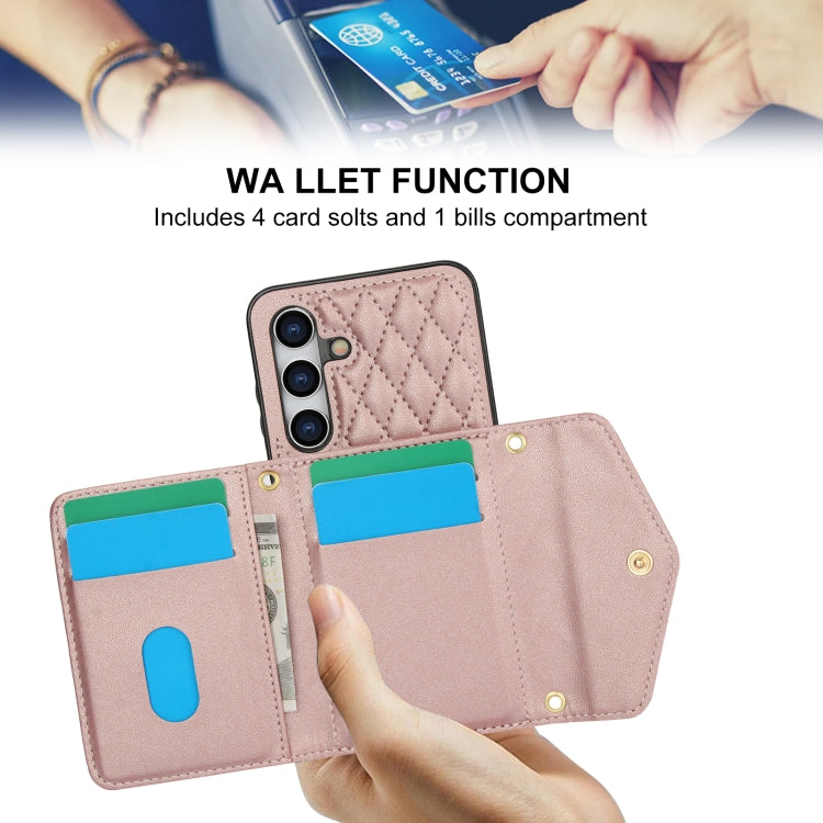 For Samsung Galaxy S24 5G Splicing Rhombic Texture Card Bag Phone Case with Long Lanyard