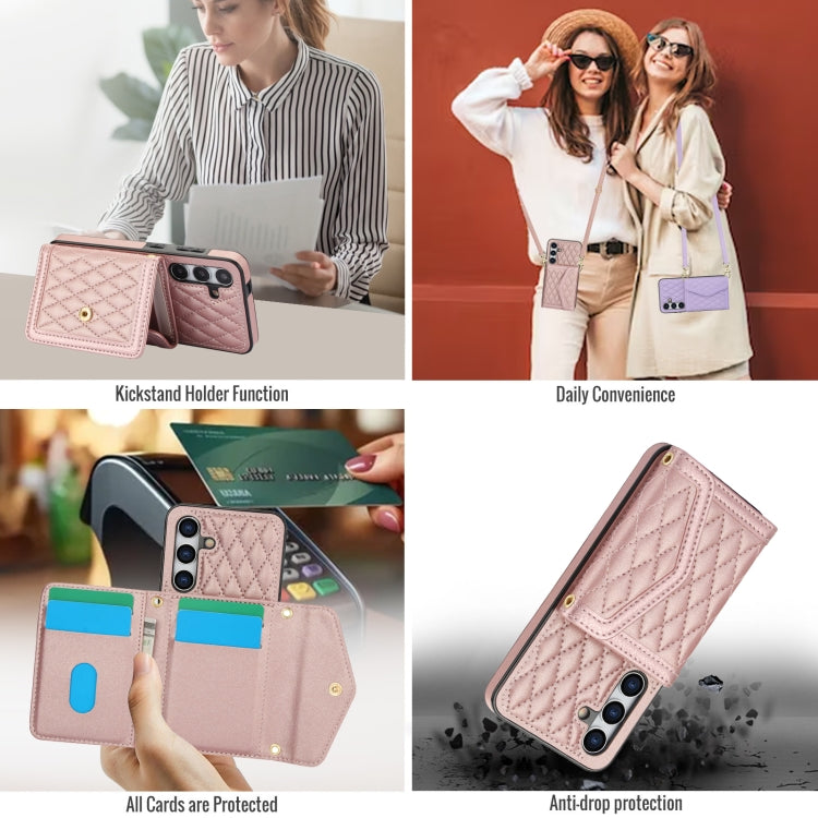 For Samsung Galaxy S24 5G Splicing Rhombic Texture Card Bag Phone Case with Long Lanyard