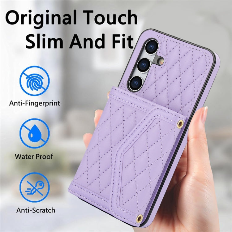For Samsung Galaxy S24 5G Splicing Rhombic Texture Card Bag Phone Case with Long Lanyard