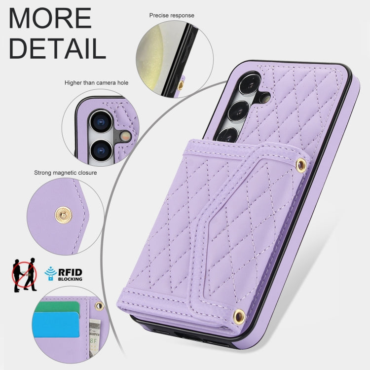 For Samsung Galaxy S24 5G Splicing Rhombic Texture Card Bag Phone Case with Long Lanyard