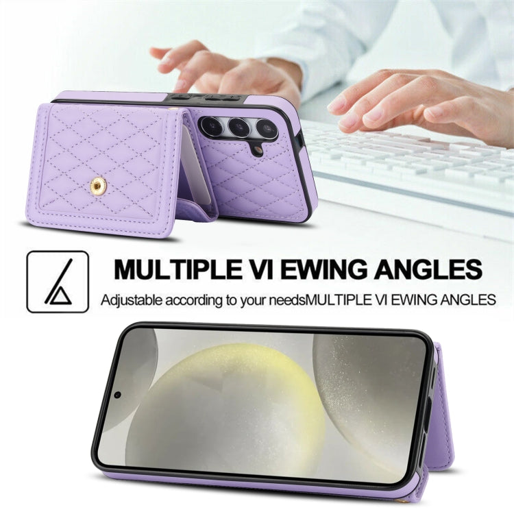 For Samsung Galaxy S24 5G Splicing Rhombic Texture Card Bag Phone Case with Long Lanyard