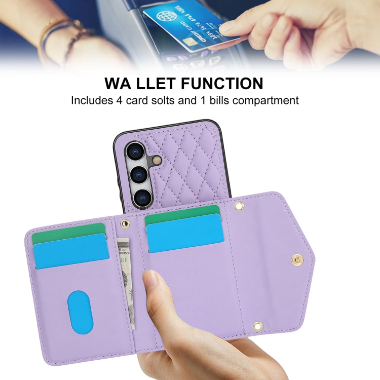 For Samsung Galaxy S24 5G Splicing Rhombic Texture Card Bag Phone Case with Long Lanyard