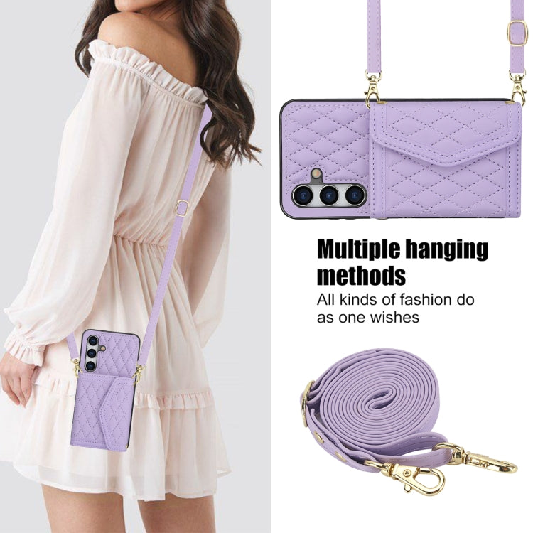 For Samsung Galaxy S24 5G Splicing Rhombic Texture Card Bag Phone Case with Long Lanyard