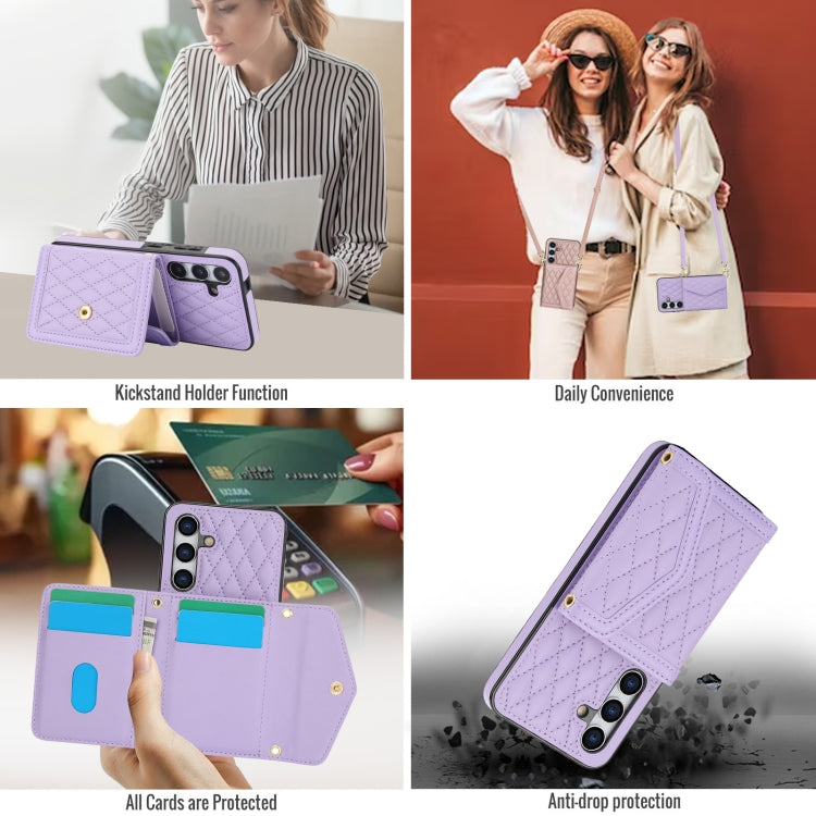 For Samsung Galaxy S24 5G Splicing Rhombic Texture Card Bag Phone Case with Long Lanyard