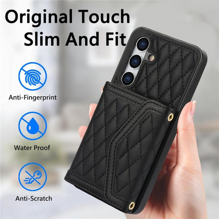 For Samsung Galaxy S24 5G Splicing Rhombic Texture Card Bag Phone Case with Long Lanyard
