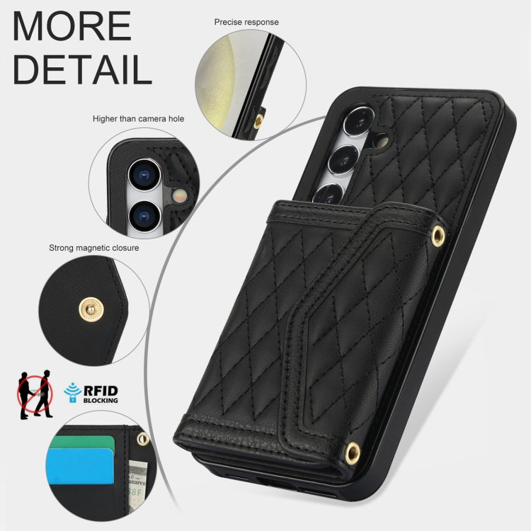 For Samsung Galaxy S24 5G Splicing Rhombic Texture Card Bag Phone Case with Long Lanyard