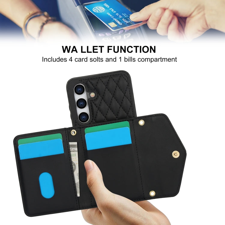 For Samsung Galaxy S24 5G Splicing Rhombic Texture Card Bag Phone Case with Long Lanyard