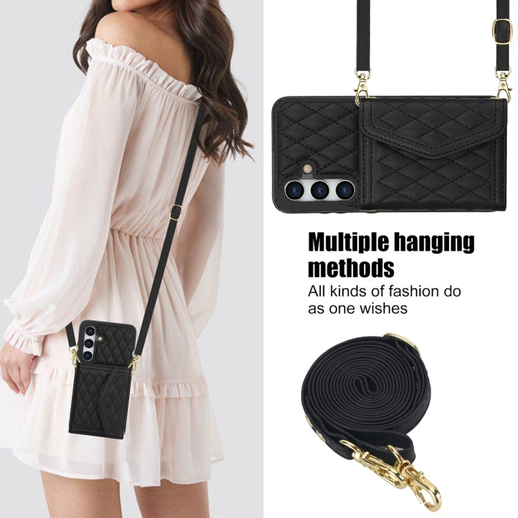 For Samsung Galaxy S24 5G Splicing Rhombic Texture Card Bag Phone Case with Long Lanyard
