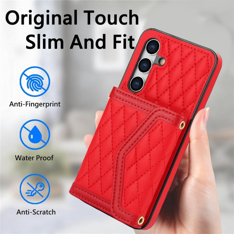 For Samsung Galaxy S24 5G Splicing Rhombic Texture Card Bag Phone Case with Long Lanyard