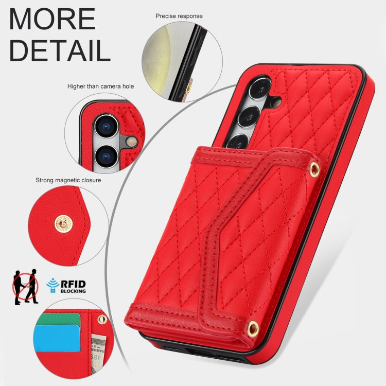 For Samsung Galaxy S24 5G Splicing Rhombic Texture Card Bag Phone Case with Long Lanyard