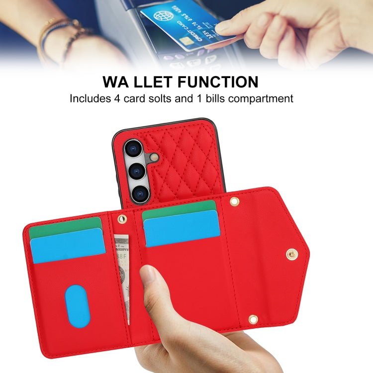 For Samsung Galaxy S24 5G Splicing Rhombic Texture Card Bag Phone Case with Long Lanyard