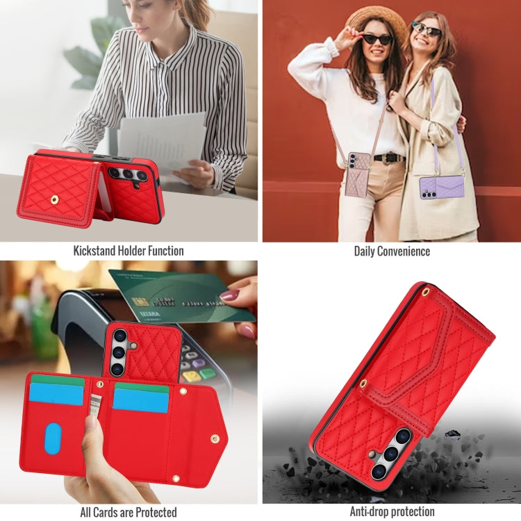 For Samsung Galaxy S24 5G Splicing Rhombic Texture Card Bag Phone Case with Long Lanyard