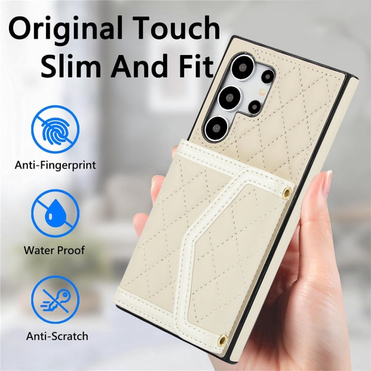For Samsung Galaxy S24 Ultra 5G Splicing Rhombic Texture Card Bag Phone Case with Long Lanyard