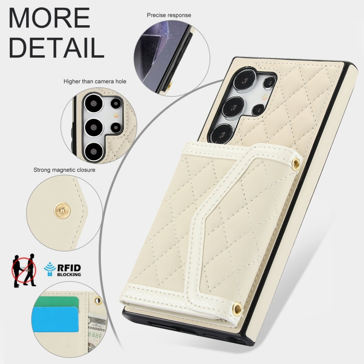 For Samsung Galaxy S24 Ultra 5G Splicing Rhombic Texture Card Bag Phone Case with Long Lanyard