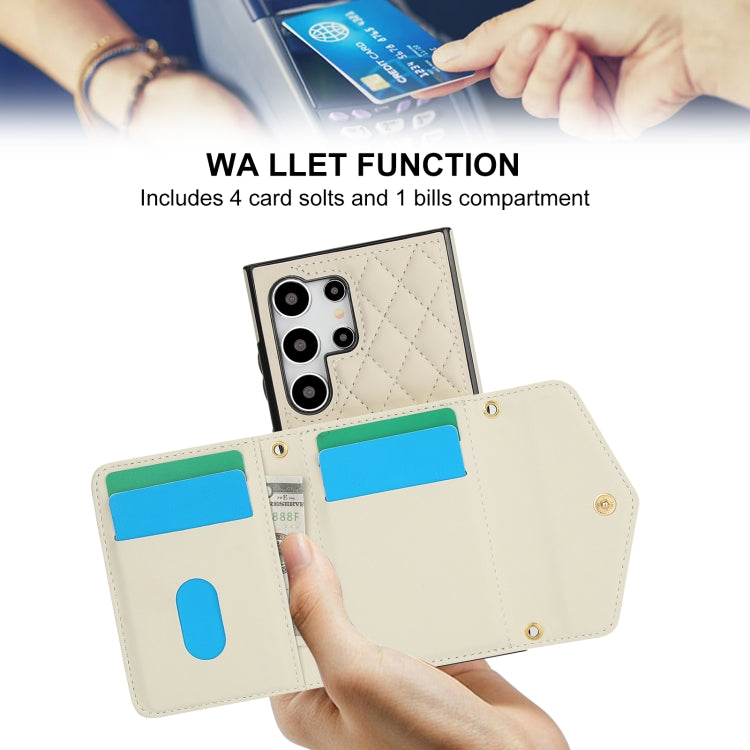 For Samsung Galaxy S24 Ultra 5G Splicing Rhombic Texture Card Bag Phone Case with Long Lanyard