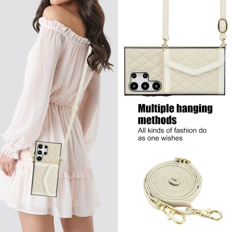 For Samsung Galaxy S24 Ultra 5G Splicing Rhombic Texture Card Bag Phone Case with Long Lanyard
