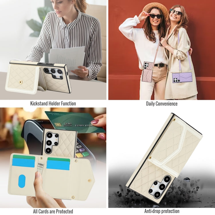 For Samsung Galaxy S24 Ultra 5G Splicing Rhombic Texture Card Bag Phone Case with Long Lanyard