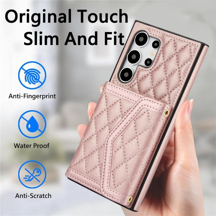 For Samsung Galaxy S24 Ultra 5G Splicing Rhombic Texture Card Bag Phone Case with Long Lanyard