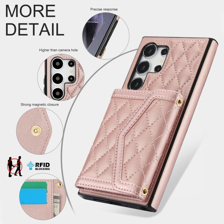 For Samsung Galaxy S24 Ultra 5G Splicing Rhombic Texture Card Bag Phone Case with Long Lanyard