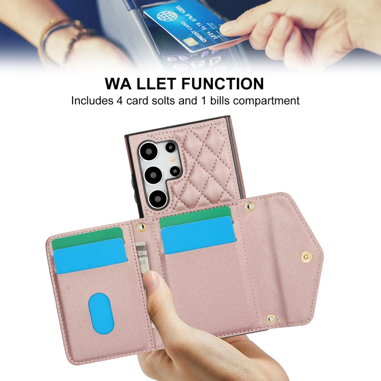 For Samsung Galaxy S24 Ultra 5G Splicing Rhombic Texture Card Bag Phone Case with Long Lanyard