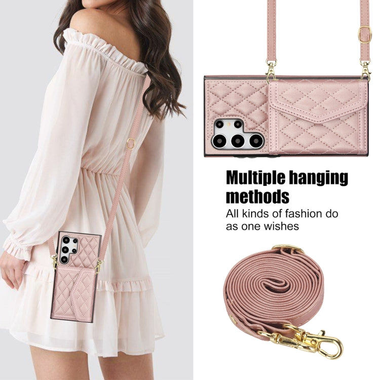 For Samsung Galaxy S24 Ultra 5G Splicing Rhombic Texture Card Bag Phone Case with Long Lanyard