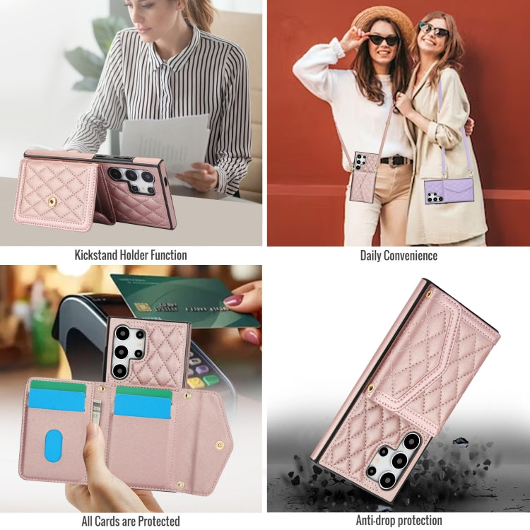 For Samsung Galaxy S24 Ultra 5G Splicing Rhombic Texture Card Bag Phone Case with Long Lanyard