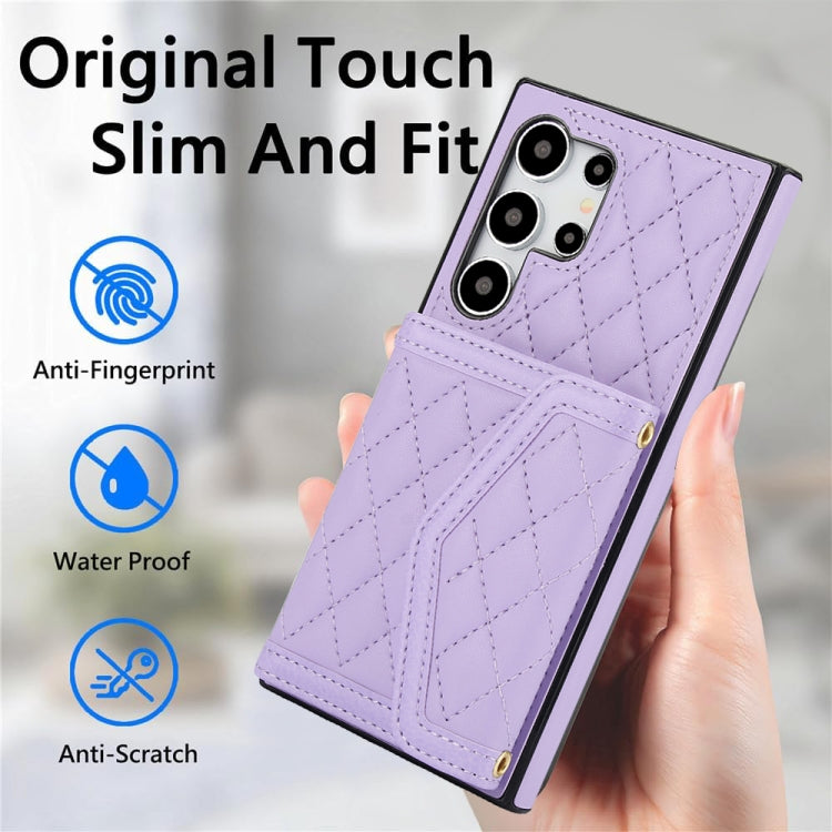 For Samsung Galaxy S24 Ultra 5G Splicing Rhombic Texture Card Bag Phone Case with Long Lanyard