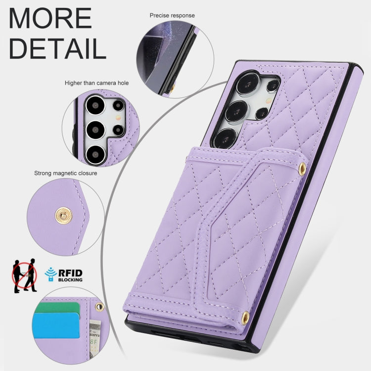 For Samsung Galaxy S24 Ultra 5G Splicing Rhombic Texture Card Bag Phone Case with Long Lanyard