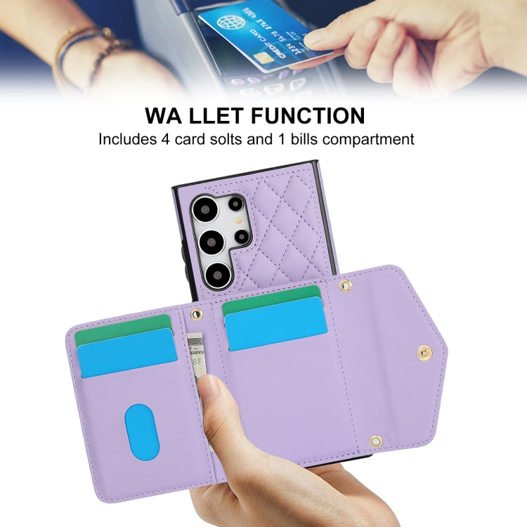 For Samsung Galaxy S24 Ultra 5G Splicing Rhombic Texture Card Bag Phone Case with Long Lanyard