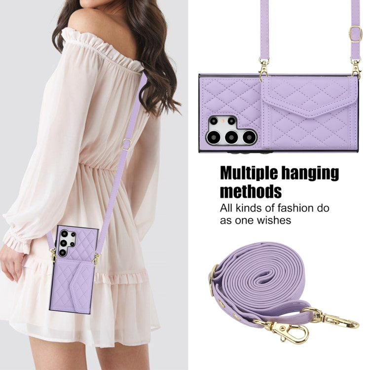 For Samsung Galaxy S24 Ultra 5G Splicing Rhombic Texture Card Bag Phone Case with Long Lanyard