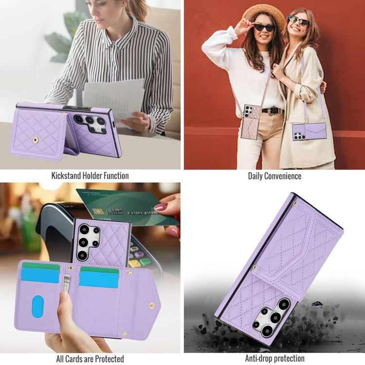 For Samsung Galaxy S24 Ultra 5G Splicing Rhombic Texture Card Bag Phone Case with Long Lanyard