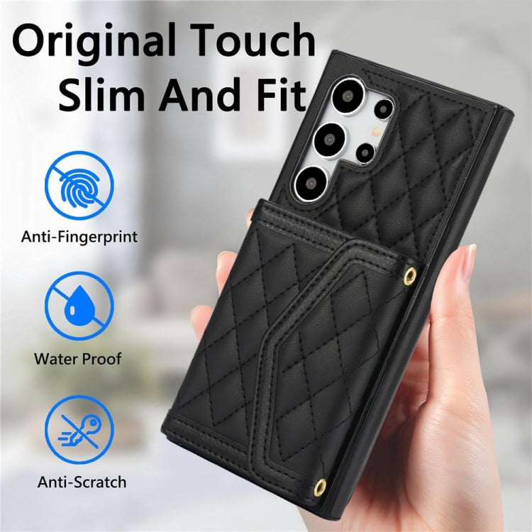 For Samsung Galaxy S24 Ultra 5G Splicing Rhombic Texture Card Bag Phone Case with Long Lanyard