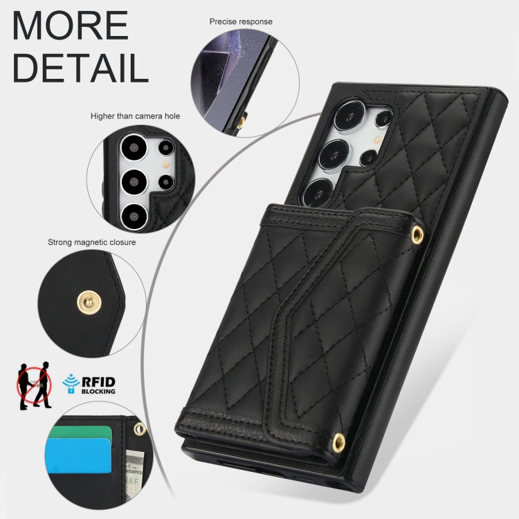 For Samsung Galaxy S24 Ultra 5G Splicing Rhombic Texture Card Bag Phone Case with Long Lanyard