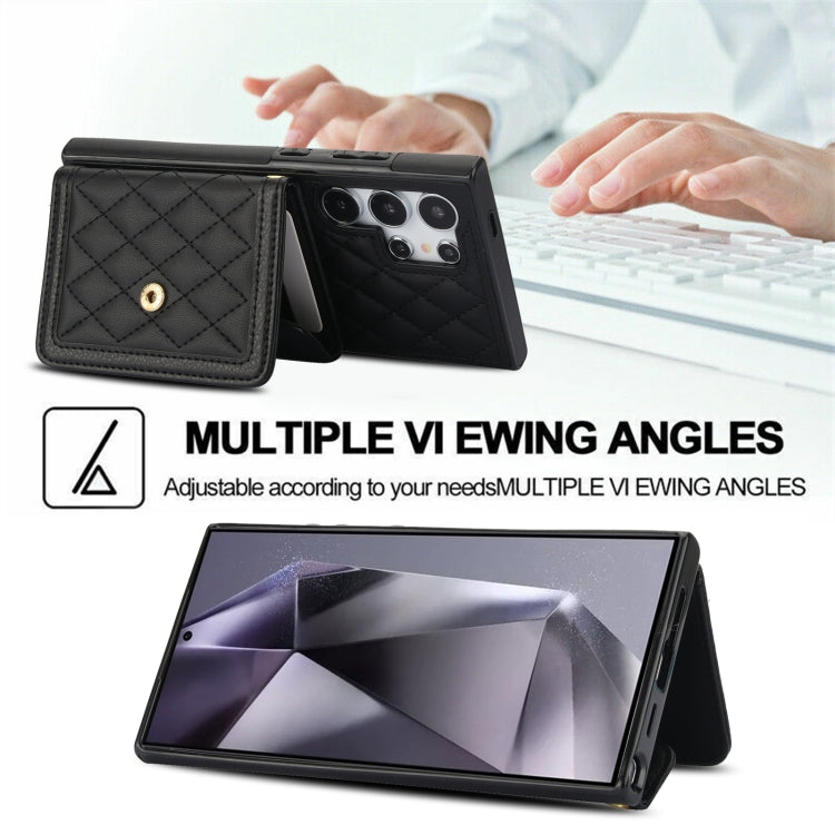 For Samsung Galaxy S24 Ultra 5G Splicing Rhombic Texture Card Bag Phone Case with Long Lanyard