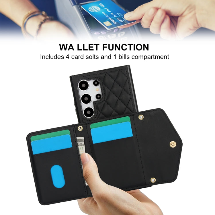 For Samsung Galaxy S24 Ultra 5G Splicing Rhombic Texture Card Bag Phone Case with Long Lanyard