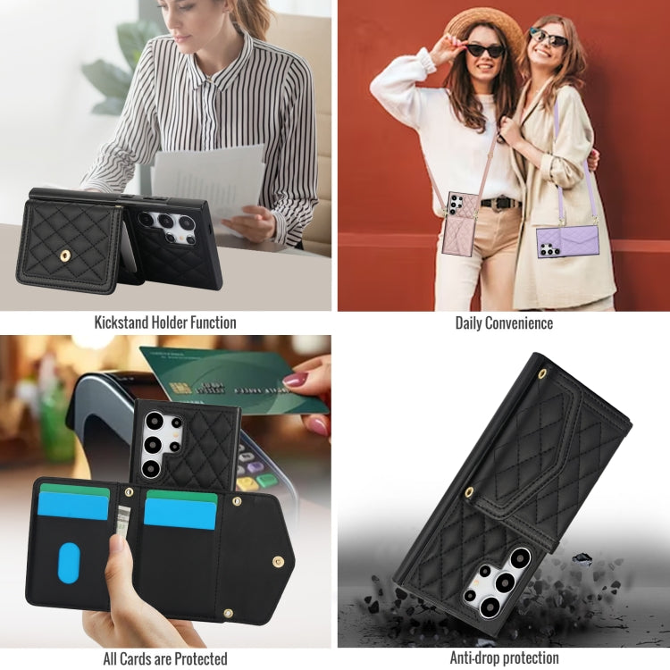 For Samsung Galaxy S24 Ultra 5G Splicing Rhombic Texture Card Bag Phone Case with Long Lanyard