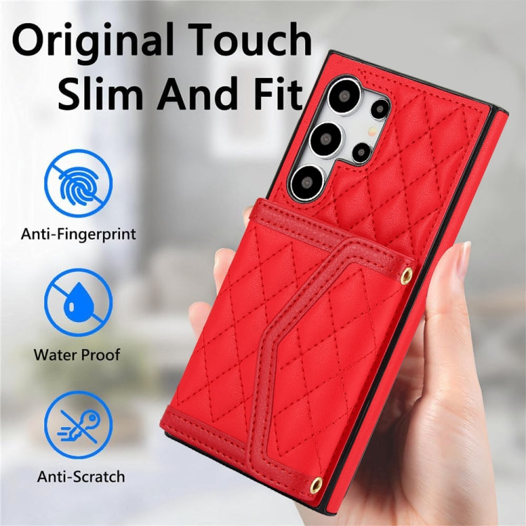For Samsung Galaxy S24 Ultra 5G Splicing Rhombic Texture Card Bag Phone Case with Long Lanyard