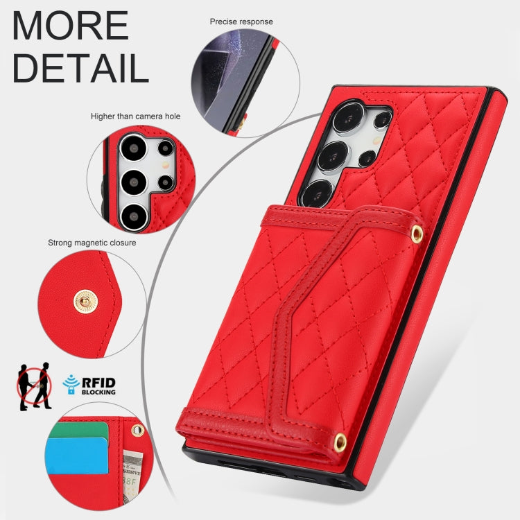 For Samsung Galaxy S24 Ultra 5G Splicing Rhombic Texture Card Bag Phone Case with Long Lanyard