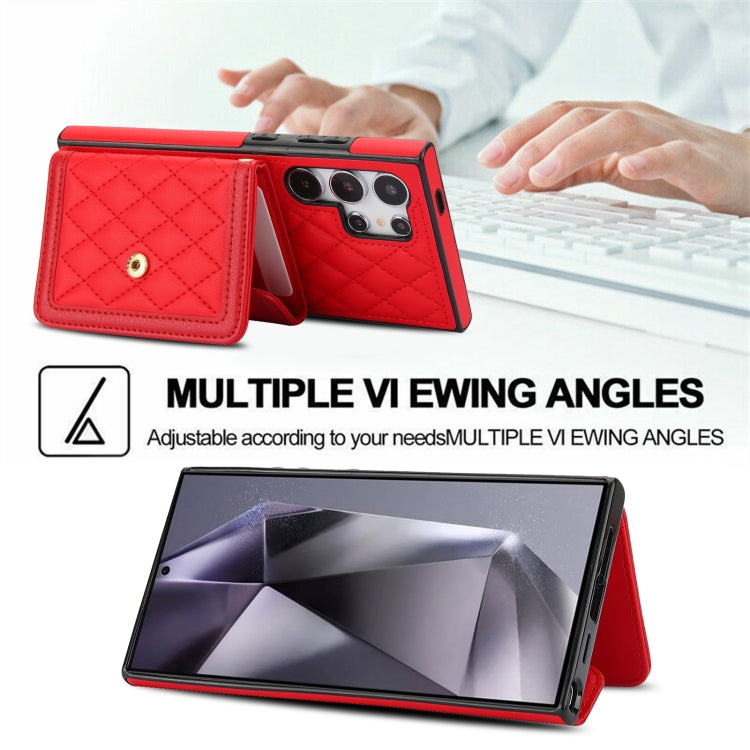 For Samsung Galaxy S24 Ultra 5G Splicing Rhombic Texture Card Bag Phone Case with Long Lanyard