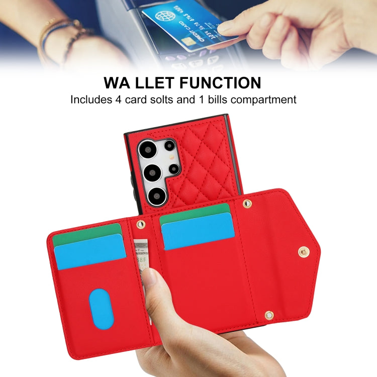 For Samsung Galaxy S24 Ultra 5G Splicing Rhombic Texture Card Bag Phone Case with Long Lanyard