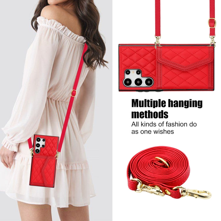 For Samsung Galaxy S24 Ultra 5G Splicing Rhombic Texture Card Bag Phone Case with Long Lanyard