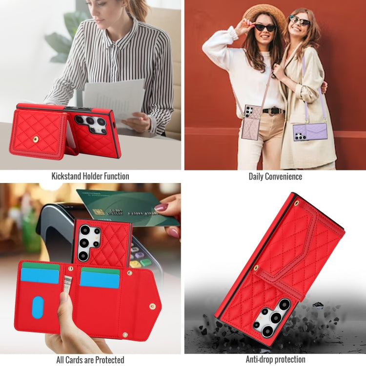 For Samsung Galaxy S24 Ultra 5G Splicing Rhombic Texture Card Bag Phone Case with Long Lanyard