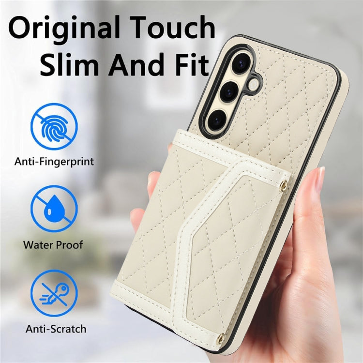 For Samsung Galaxy S24 FE 5G Splicing Rhombic Texture Card Bag Phone Case with Long Lanyard