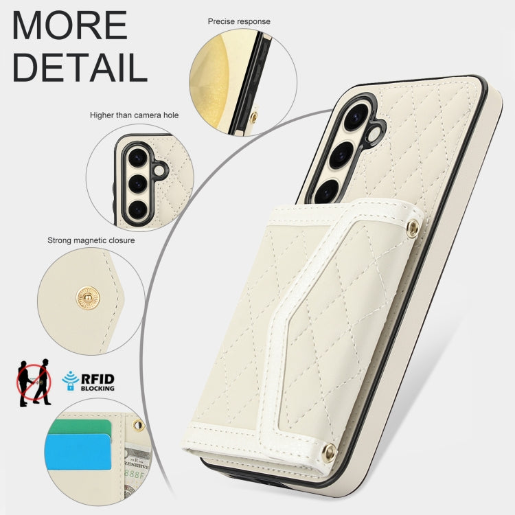 For Samsung Galaxy S24 FE 5G Splicing Rhombic Texture Card Bag Phone Case with Long Lanyard