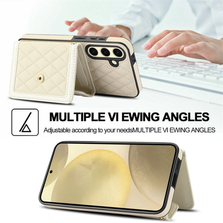 For Samsung Galaxy S24 FE 5G Splicing Rhombic Texture Card Bag Phone Case with Long Lanyard