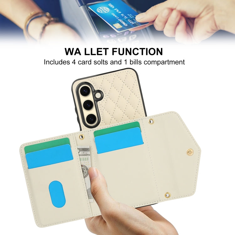For Samsung Galaxy S24 FE 5G Splicing Rhombic Texture Card Bag Phone Case with Long Lanyard