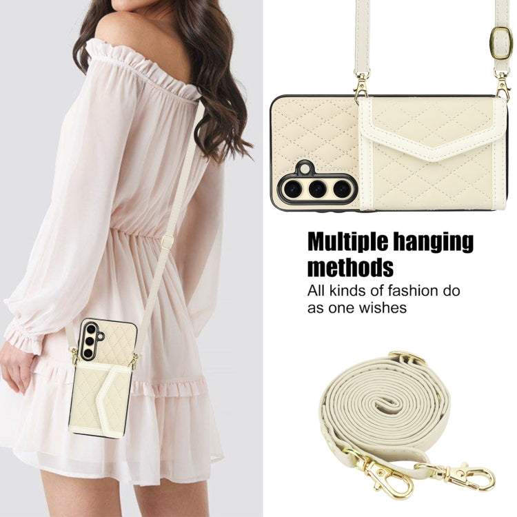 For Samsung Galaxy S24 FE 5G Splicing Rhombic Texture Card Bag Phone Case with Long Lanyard