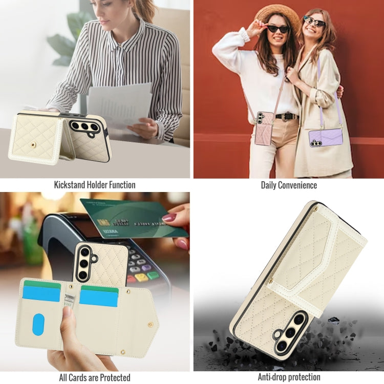 For Samsung Galaxy S24 FE 5G Splicing Rhombic Texture Card Bag Phone Case with Long Lanyard